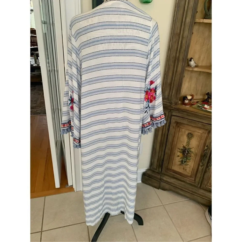 Altar'd State Blue Striped Embroidered Floral Boho Kimono Duster Cardigan